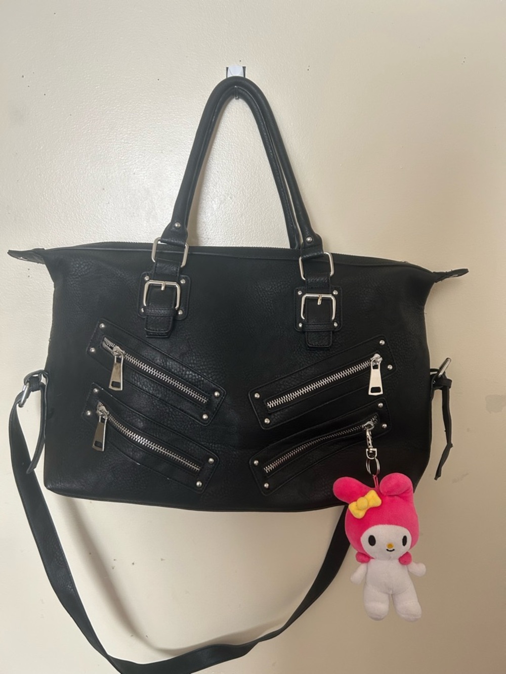 Dolls Kill Black Faux Leather Satchel with Front Zip Pockets